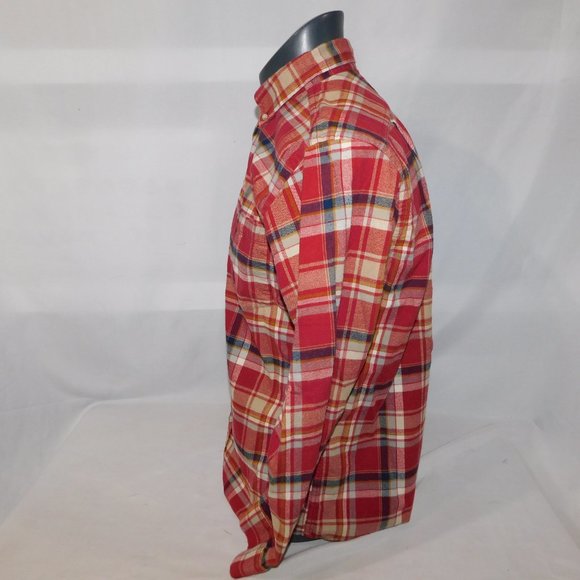 Eddie Bauer Men S Relaxed Fit Red Cream Blue Plaid Button Front LS Flannel Shirt - Picture 6 of 9